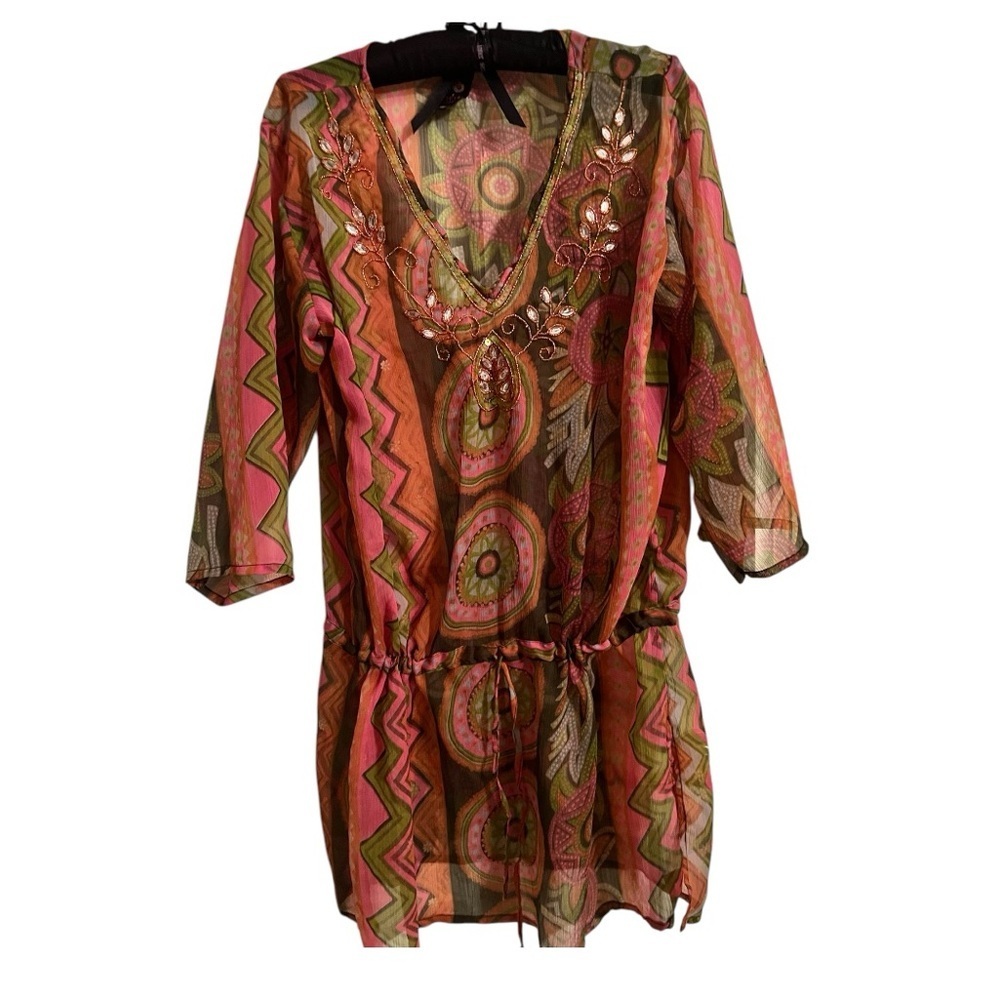 PRIYA EMBELLISHED SWIMSUIT COVER Size 40/Large adjustable waist long sleeve NWOT